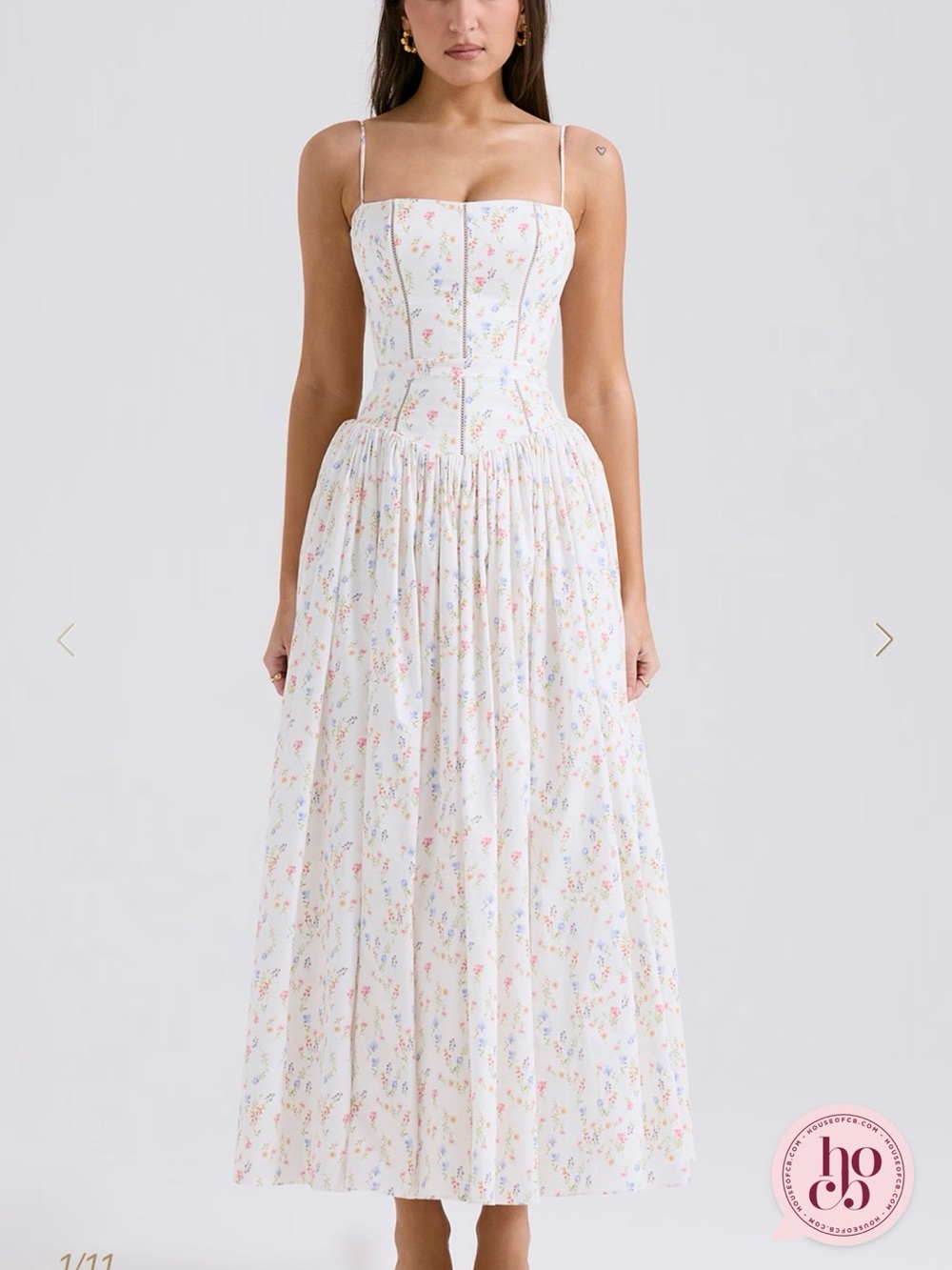 House of CB White Floral Midi Dress with Delicate Pastel Bouquet